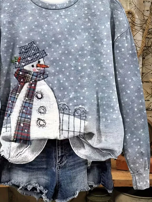 Women Christmas Snowman Crew Neck Printing Casual Spring/Fall Long Sleeve Sweatshirt