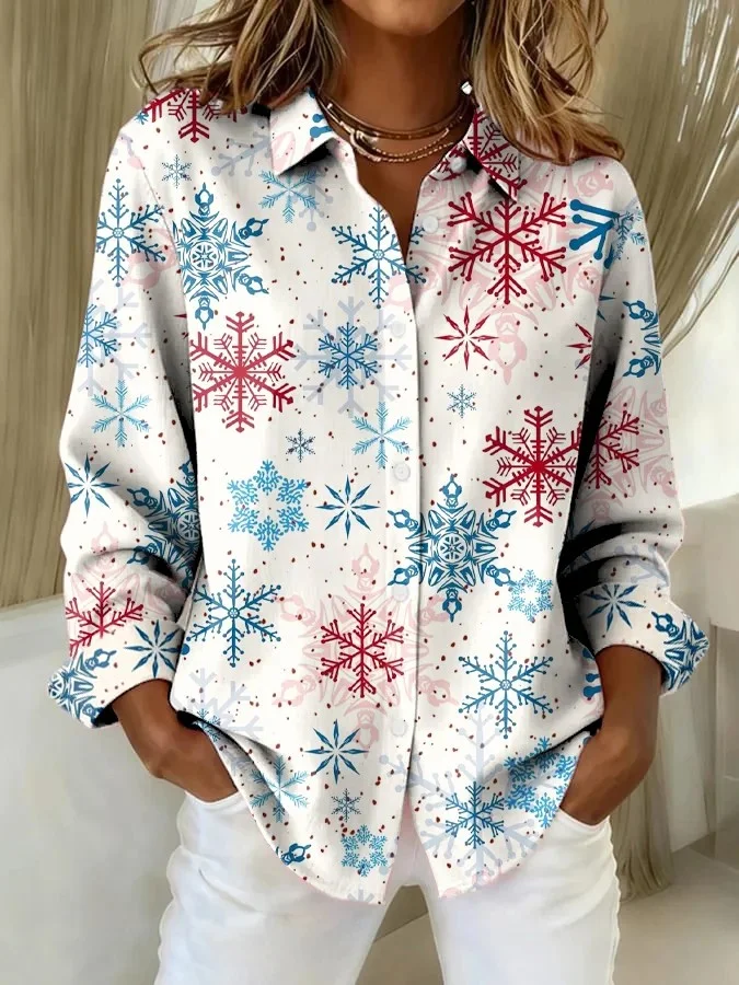 Women Christmas Long Sleeve Shirt Spring/Fall Shawl Collar Holiday Vintage Top