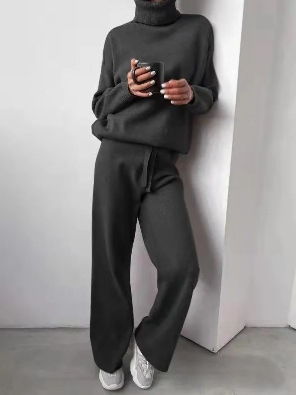 Women Plain Split Joint Two-Piece Set Daily Long Sleeve Casual Spring/Fall Top With Pants Matching Set