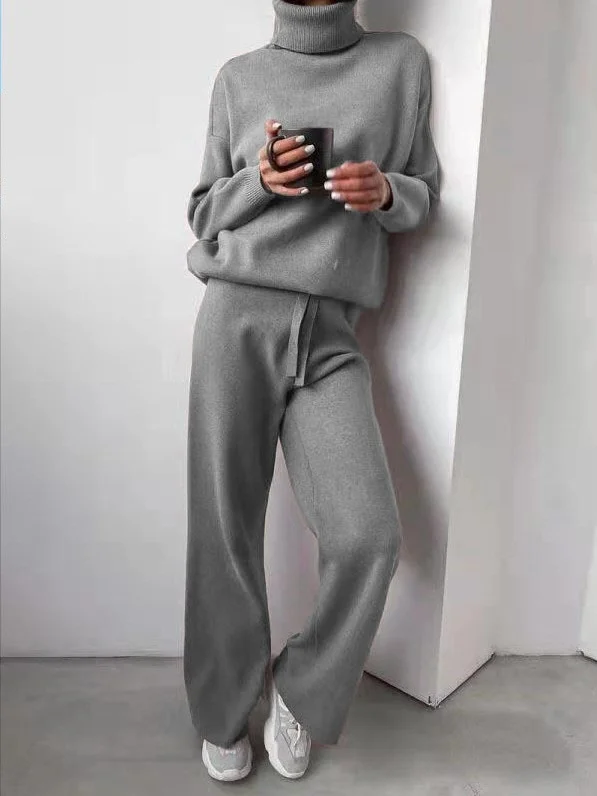 Women Plain Split Joint Two-Piece Set Daily Long Sleeve Casual Spring/Fall Top With Pants Matching Set