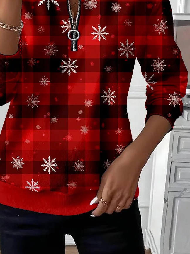 Women Plaid Crew Neck Printing Casual Spring/Fall Long Sleeve Sweatshirt