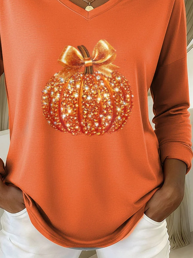 Women Halloween (pumpkin) Long Sleeve Tee T-shirt V Neck Printing Casual Spring/Fall Graphic Tee Top