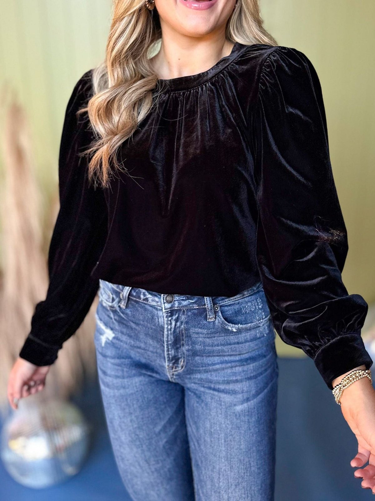 Women Plain Long Sleeve Shirt Spring/Fall Gathered Crew Neck Puff Sleeve Daily Casual Top