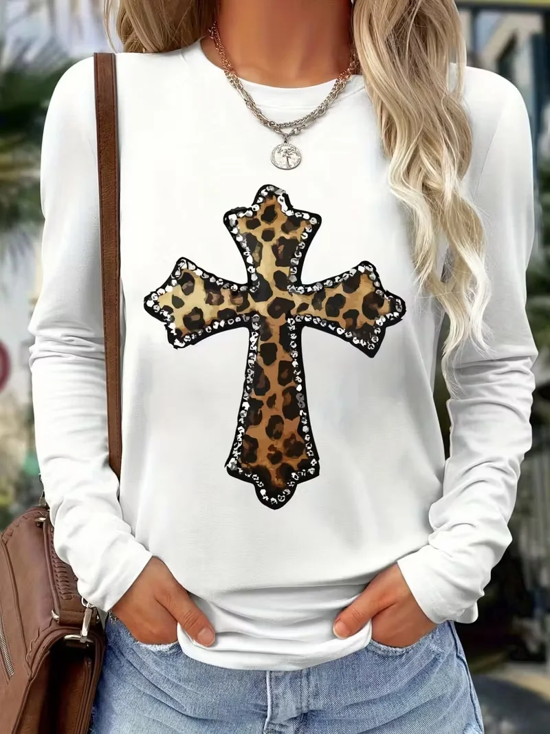 Women Leopard Long Sleeve Tee T-shirt Crew Neck Printing Casual Spring/Fall Graphic Tee Top