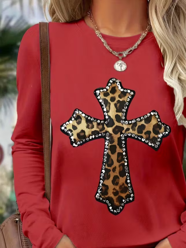 Women Leopard Long Sleeve Tee T-shirt Crew Neck Printing Casual Spring/Fall Graphic Tee Top
