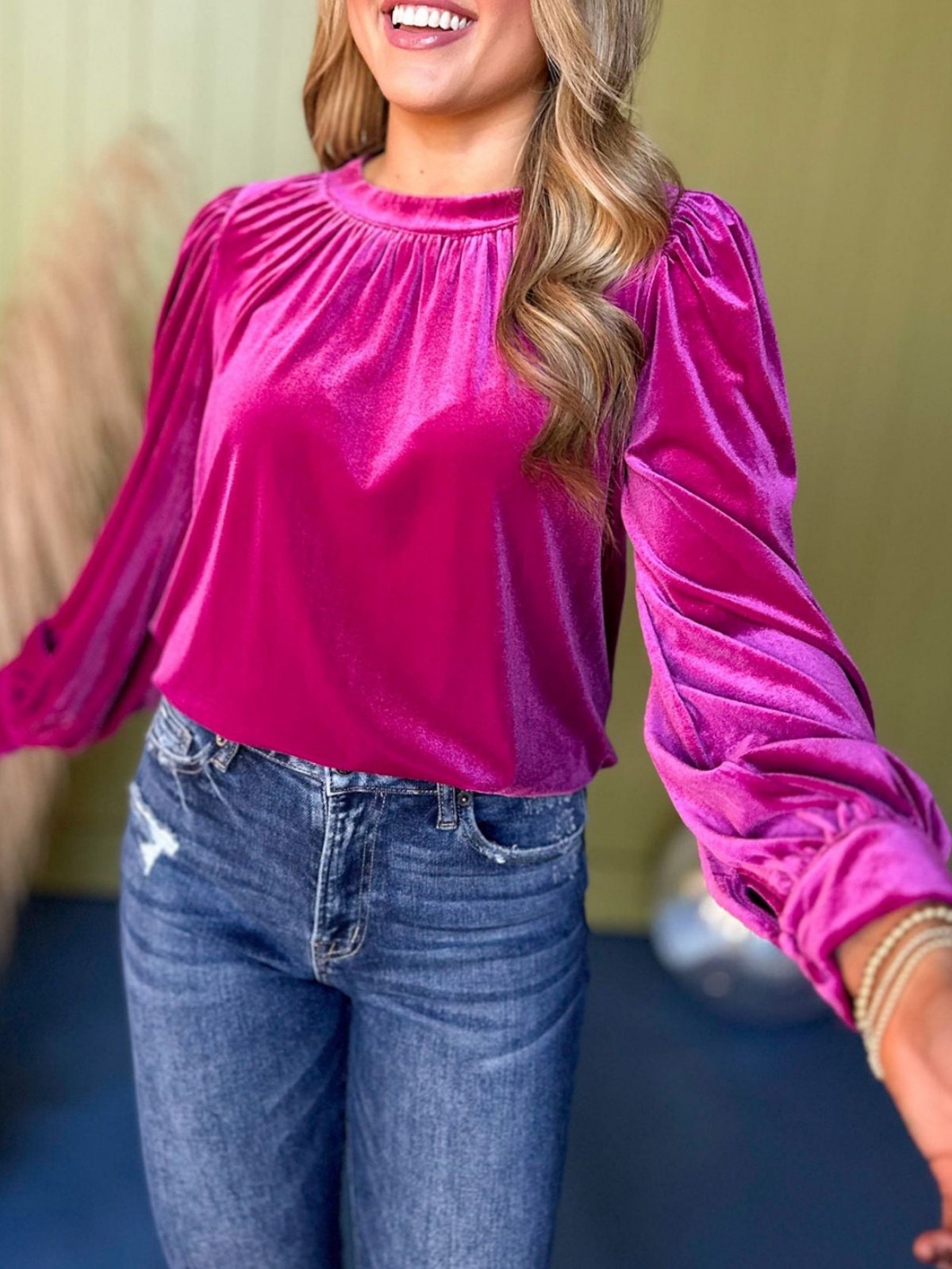Women Plain Long Sleeve Shirt Spring/Fall Gathered Crew Neck Puff Sleeve Daily Casual Top