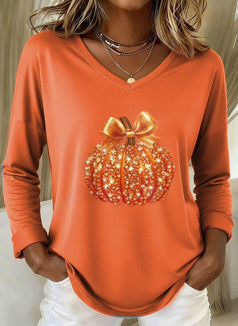 Women Halloween (pumpkin) Long Sleeve Tee T-shirt V Neck Printing Casual Spring/Fall Graphic Tee Top