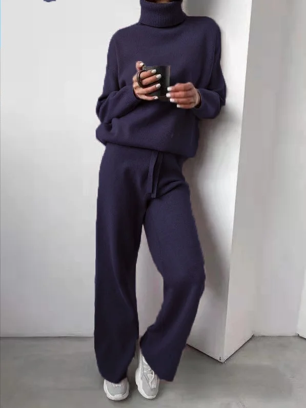Women Plain Split Joint Two-Piece Set Daily Long Sleeve Casual Spring/Fall Top With Pants Matching Set
