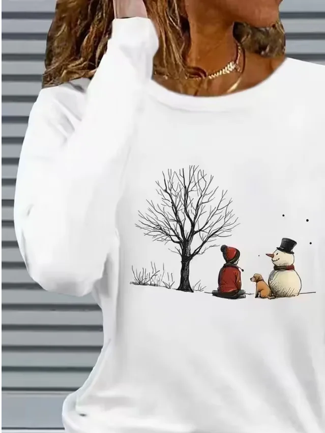 Women Christmas Snowman Long Sleeve Tee T-shirt Crew Neck Printing Casual Spring/Fall Graphic Tee Top