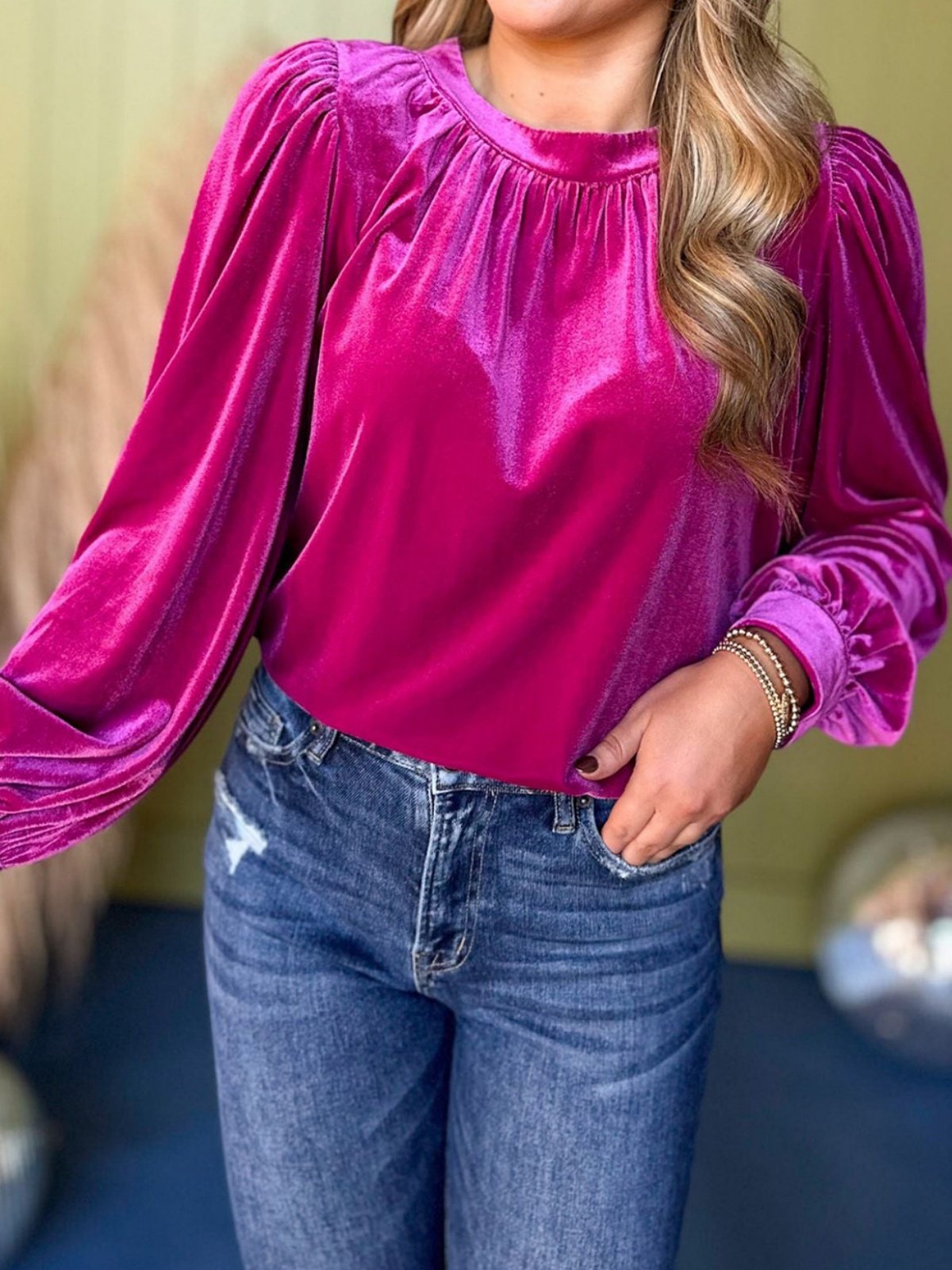 Women Plain Long Sleeve Shirt Spring/Fall Gathered Crew Neck Puff Sleeve Daily Casual Top