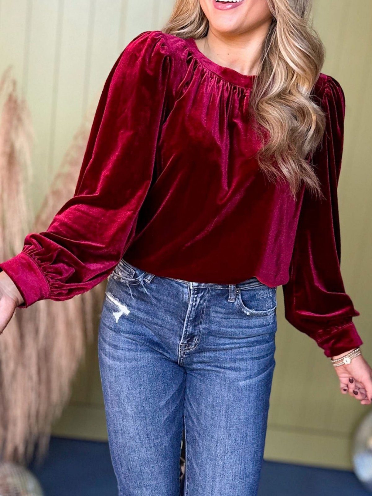 Women Plain Long Sleeve Shirt Spring/Fall Gathered Crew Neck Puff Sleeve Daily Casual Top