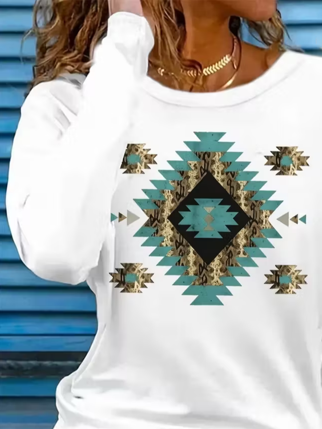 Women Ethnic Long Sleeve Tee T-shirt Crew Neck Printing Casual Spring/Fall Graphic Tee Top