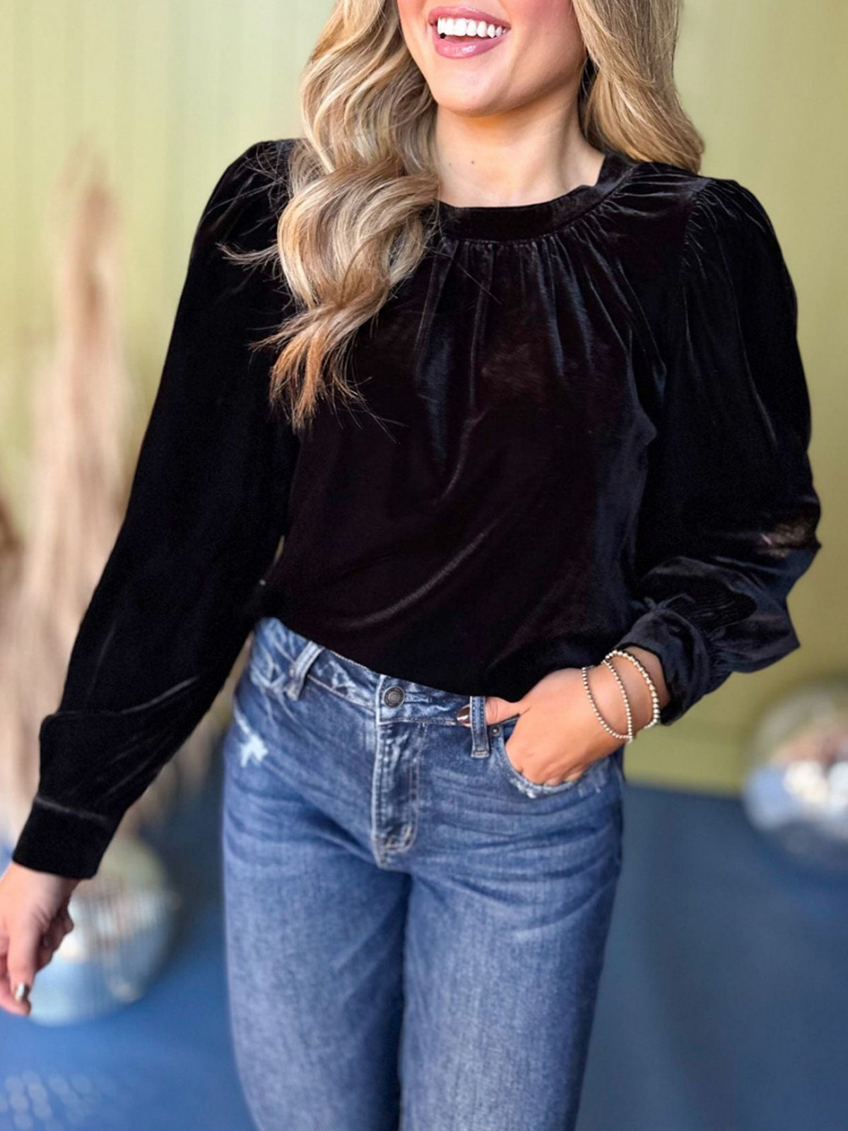Women Plain Long Sleeve Shirt Spring/Fall Gathered Crew Neck Puff Sleeve Daily Casual Top