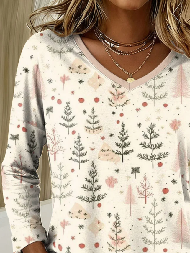 Women Christmas Long Sleeve Tee T-shirt V Neck Printing Casual Spring/Fall Graphic Tee Top