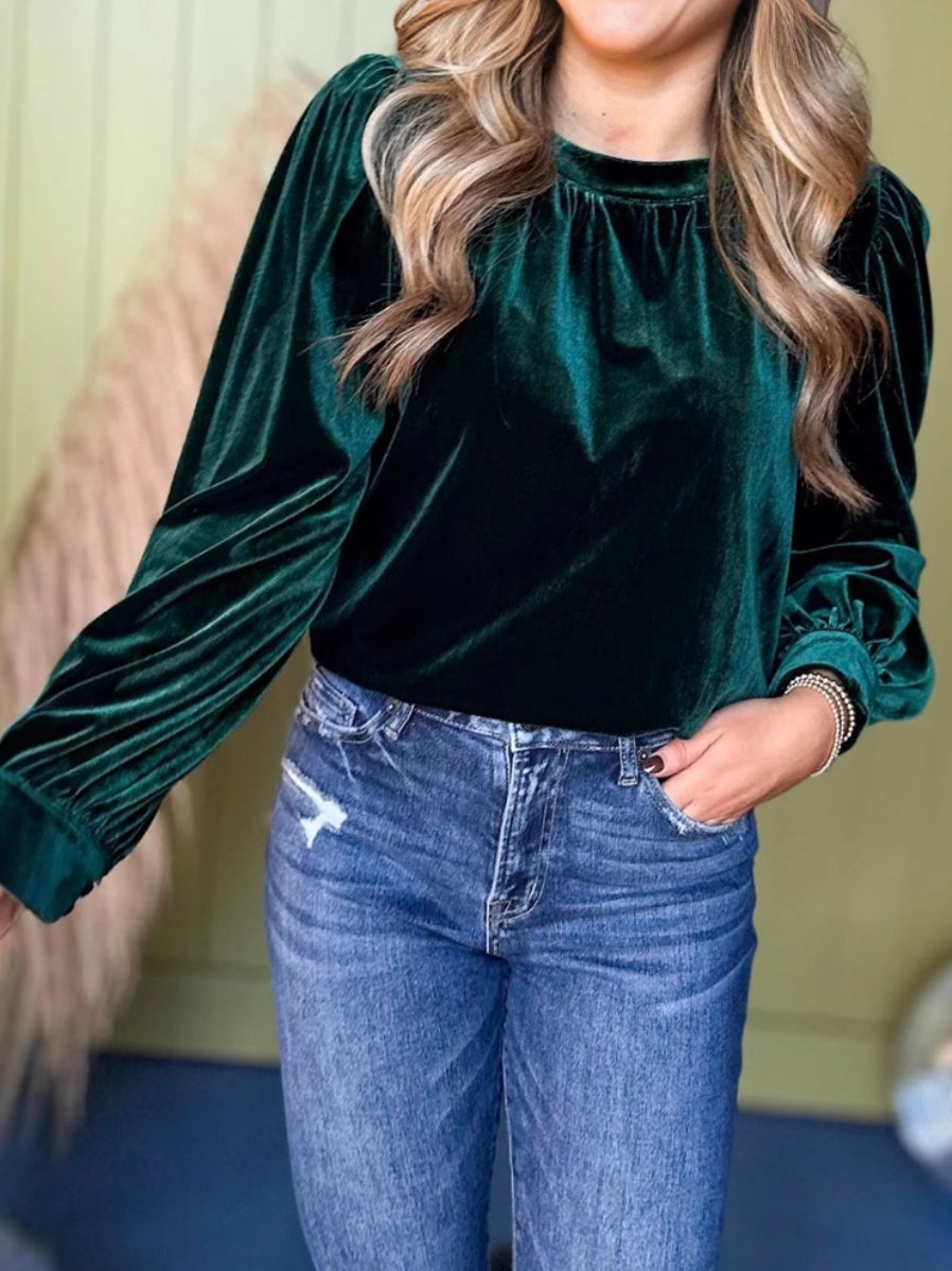 Women Plain Long Sleeve Shirt Spring/Fall Gathered Crew Neck Puff Sleeve Daily Casual Top