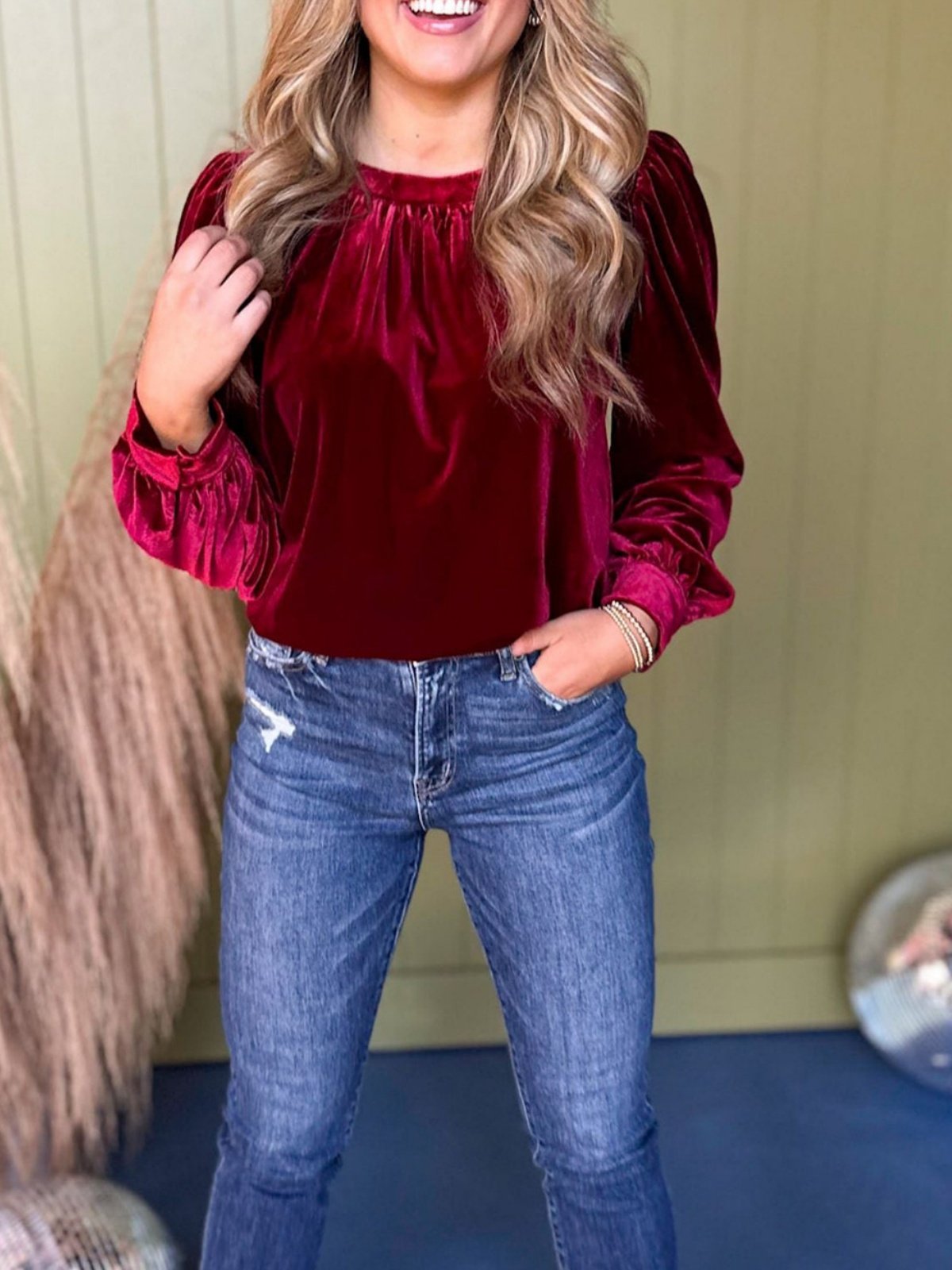 Women Plain Long Sleeve Shirt Spring/Fall Gathered Crew Neck Puff Sleeve Daily Casual Top