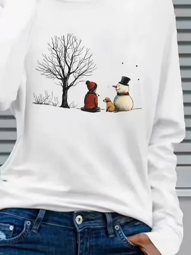 Women Christmas Snowman Long Sleeve Tee T-shirt Crew Neck Printing Casual Spring/Fall Graphic Tee Top
