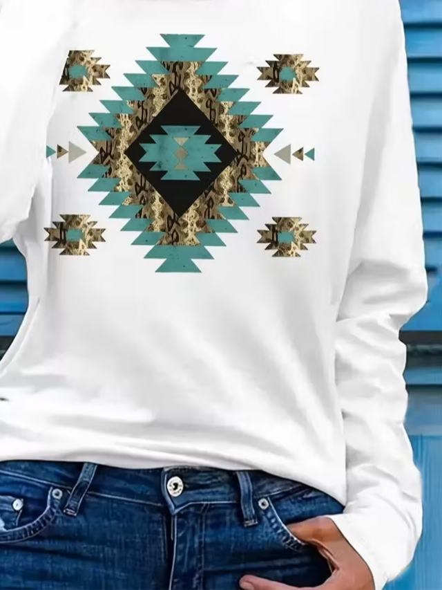 Women Ethnic Long Sleeve Tee T-shirt Crew Neck Printing Casual Spring/Fall Graphic Tee Top