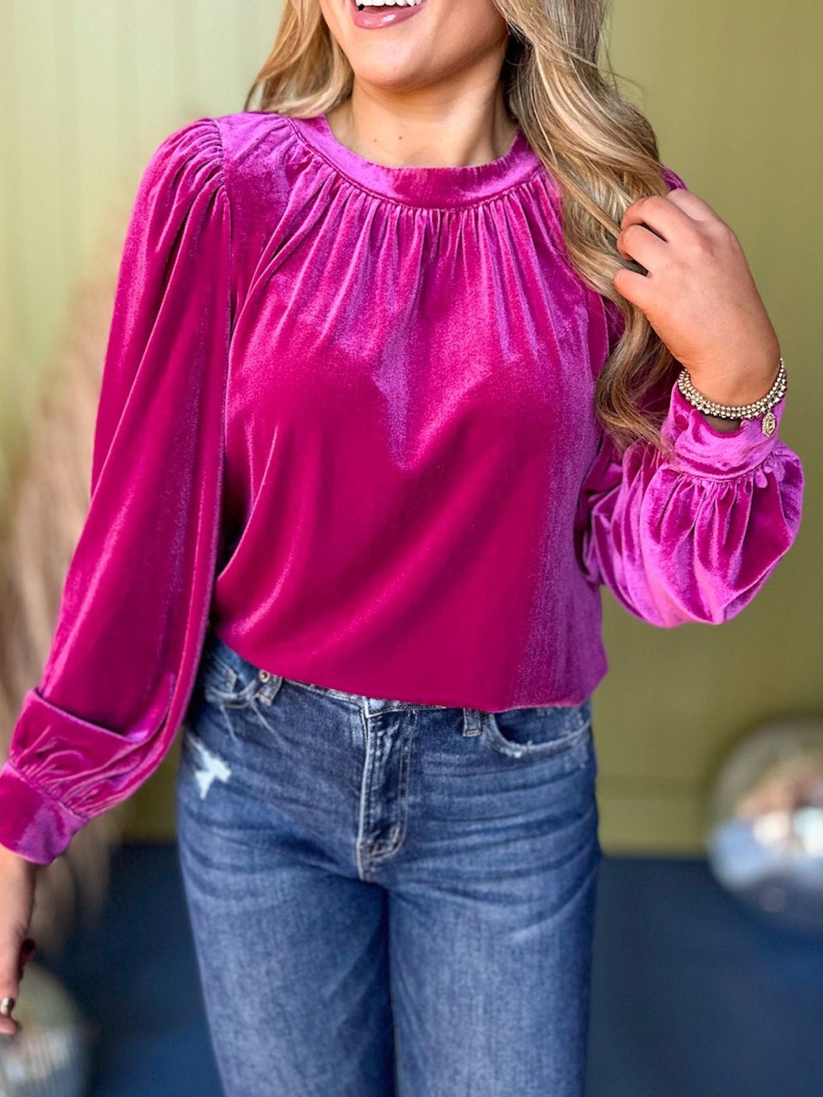 Women Plain Long Sleeve Shirt Spring/Fall Gathered Crew Neck Puff Sleeve Daily Casual Top