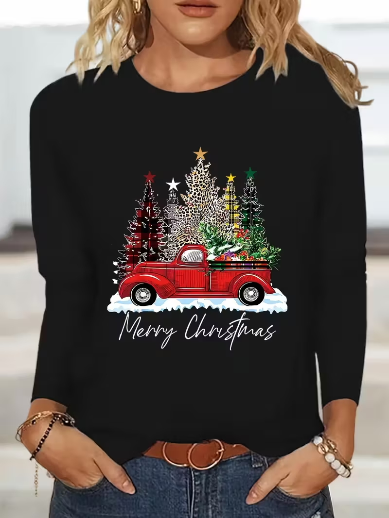 Women Christmas Long Sleeve Tee T-shirt Crew Neck Printing Casual Spring/Fall Graphic Tee Top