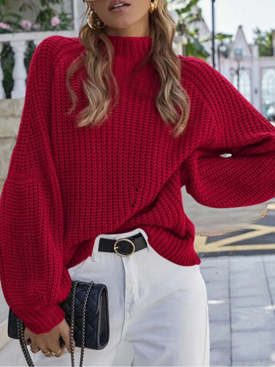 Women Plain Split Joint Winter Street Long Sleeve Mock Neck Sweater