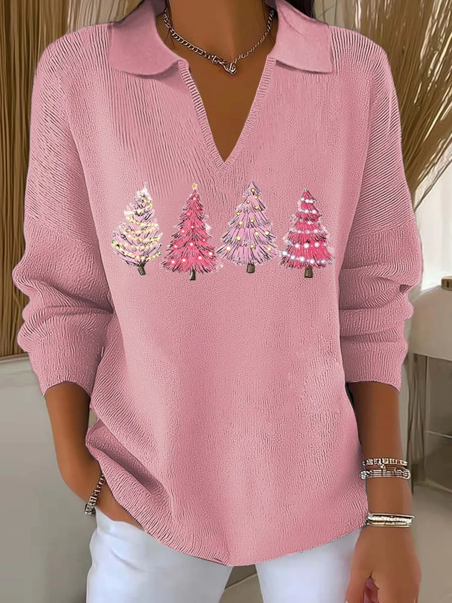 Women Christmas Printing Spring/Fall Casual Long Sleeve Shawl Collar Sweater