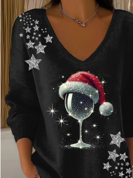 Women Christmas Long Sleeve Tee T-shirt V Neck Printing Casual Spring/Fall Top