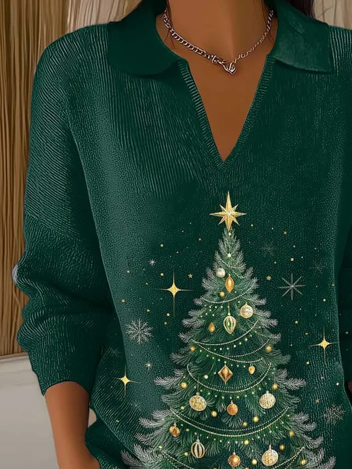 Women Christmas Printing Spring/Fall Casual Long Sleeve Shawl Collar Sweater