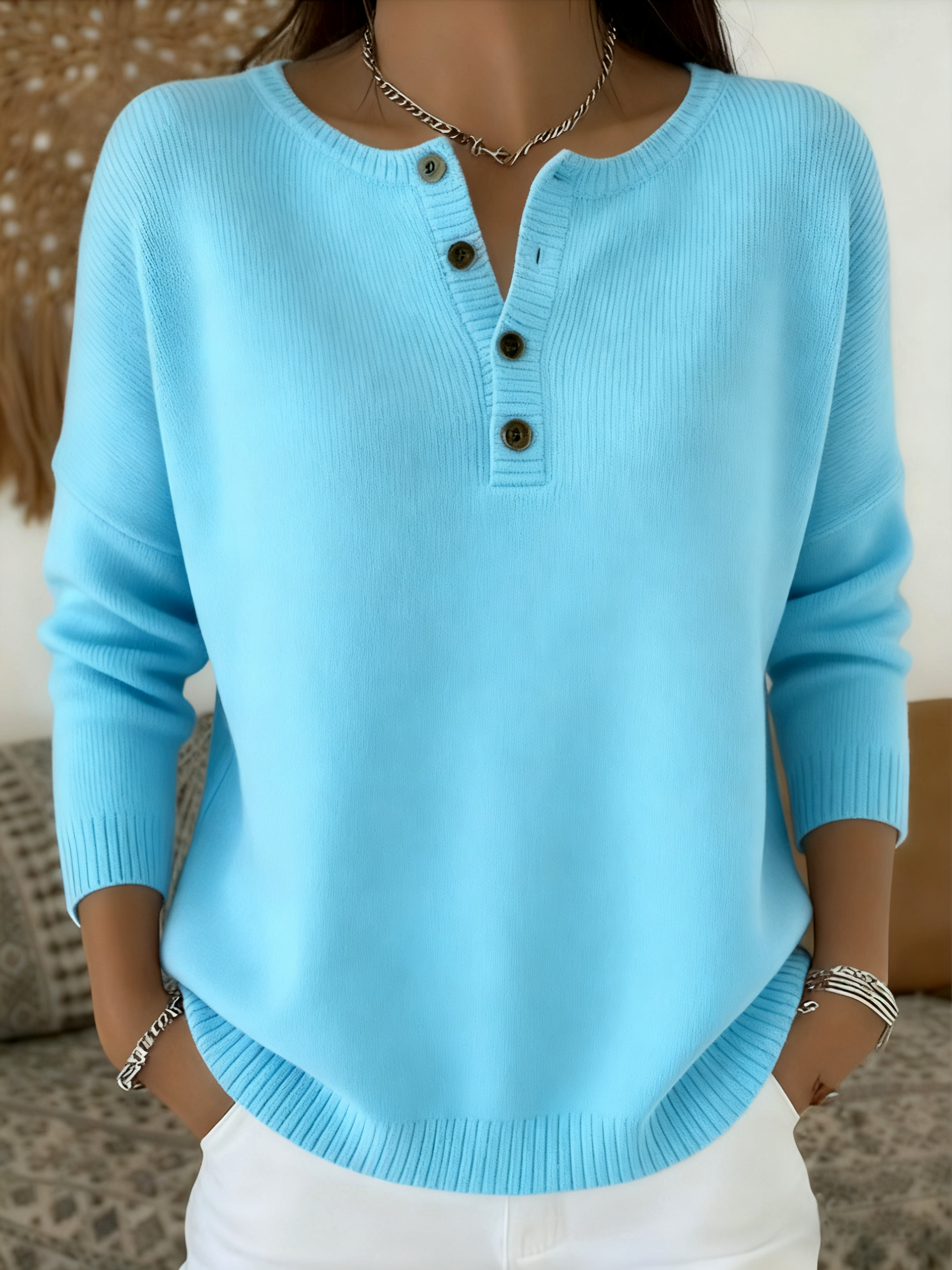 Women Plain Spring/Fall Casual Long Sleeve Henley Collar Cotton Sweater