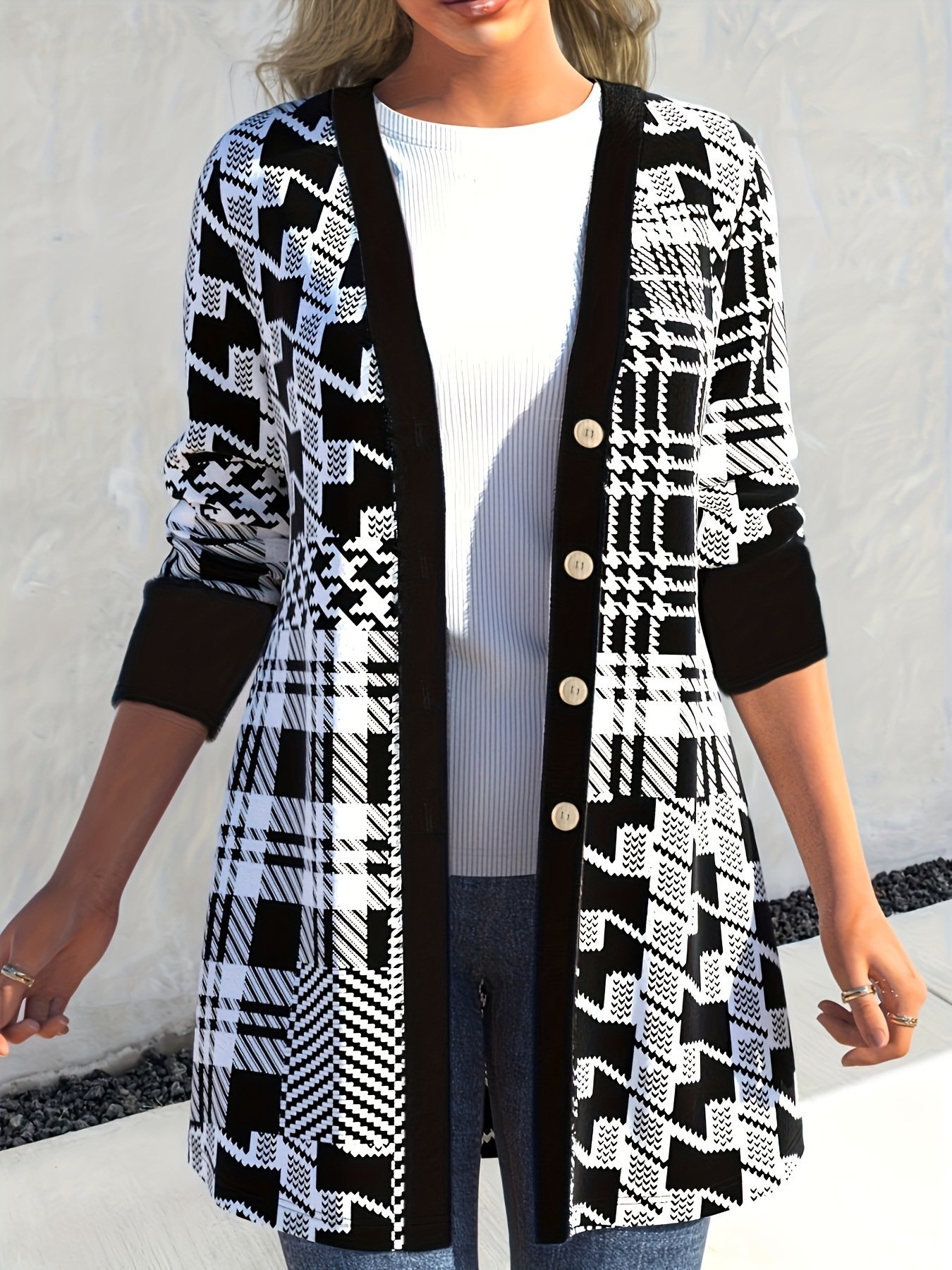 Women Geometric Spring/Fall Cover-up Casual Printing Lightweight Cardigan