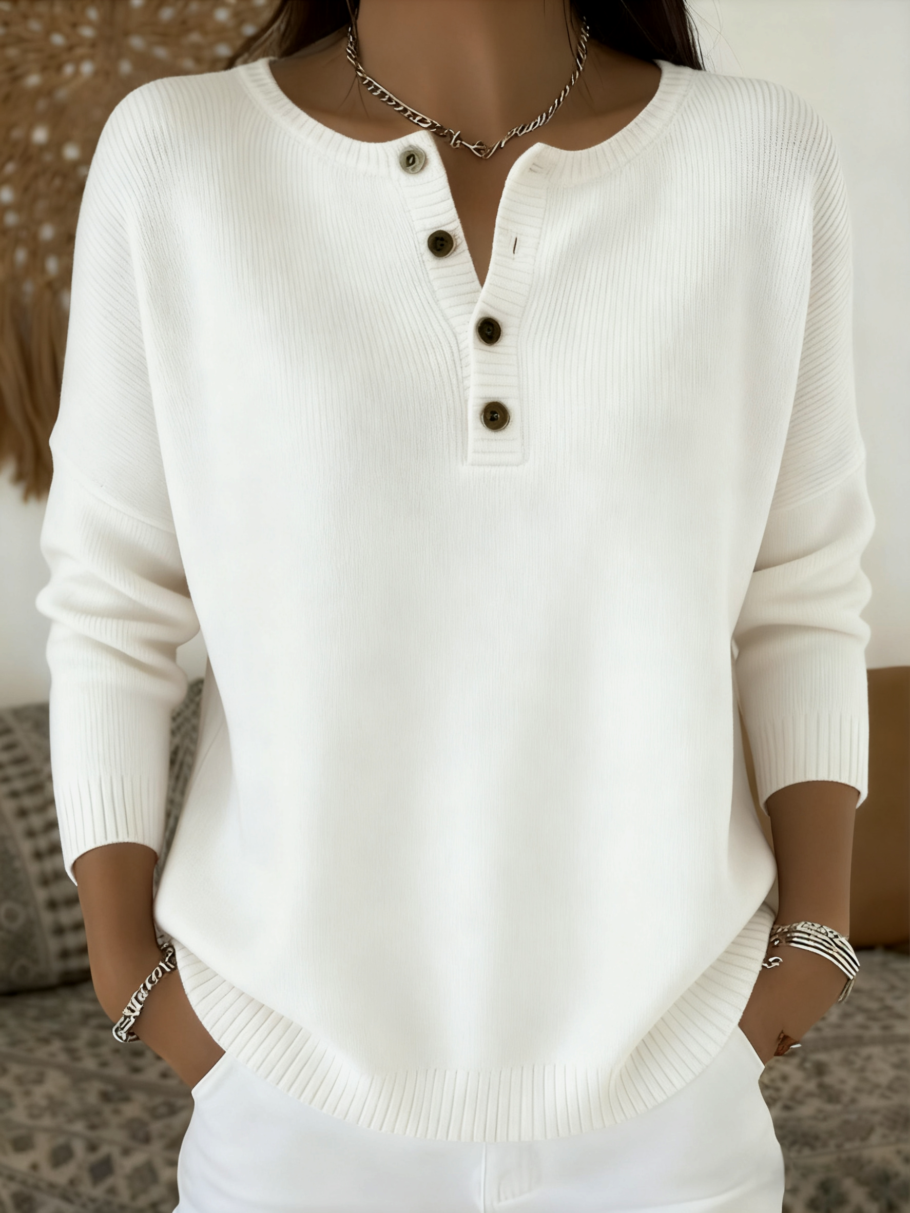 Women Plain Spring/Fall Casual Long Sleeve Henley Collar Cotton Sweater