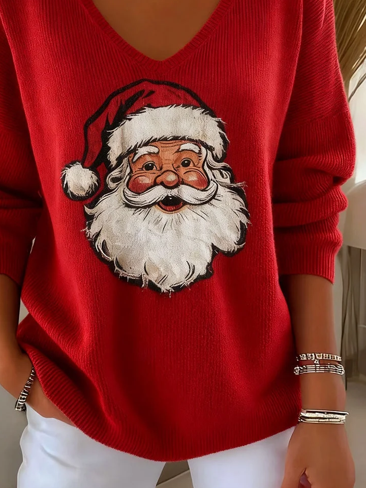 Women Santa Claus Long Sleeve Tee T-shirt V Neck Printing Casual Spring/Fall Top