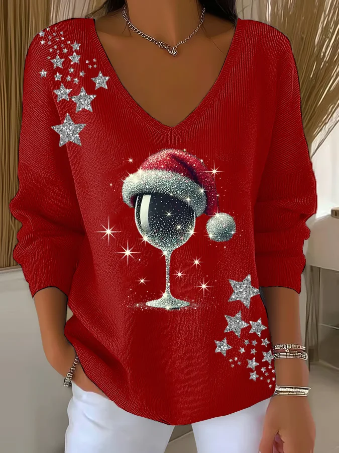 Women Christmas Long Sleeve Tee T-shirt V Neck Printing Casual Spring/Fall Top