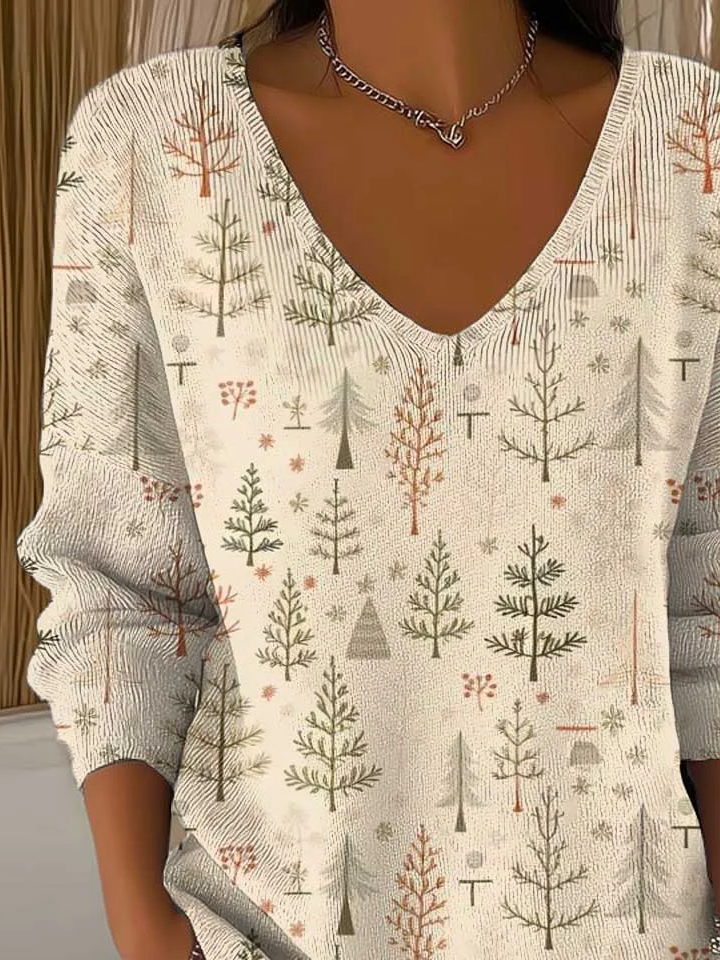 Women Christmas Long Sleeve Tee T-shirt V Neck Printing Casual Spring/Fall Top