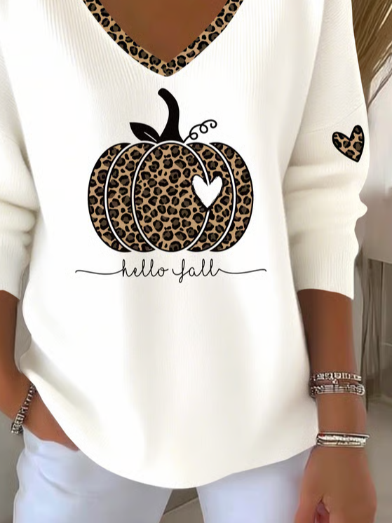 Women Leopard Long Sleeve Tee T-shirt V Neck Printing Casual Spring/Fall Top