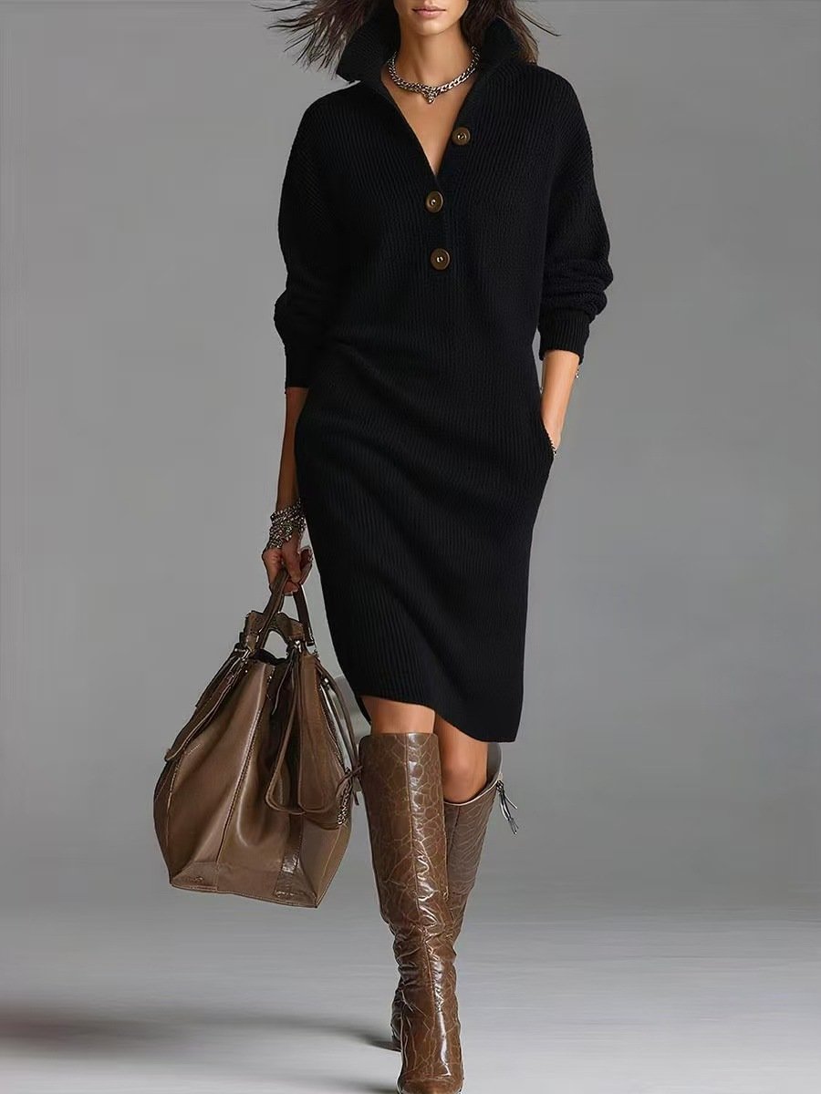 Women Plain Long Sleeve Autumn Dress Turtleneck Daily Casual Midi H-Line Dress