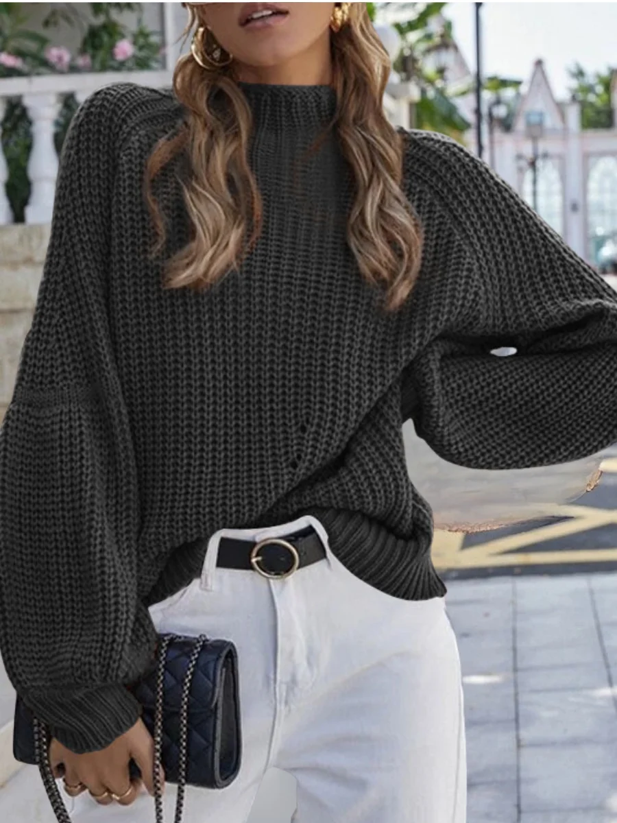 Women Plain Split Joint Winter Street Long Sleeve Mock Neck Sweater