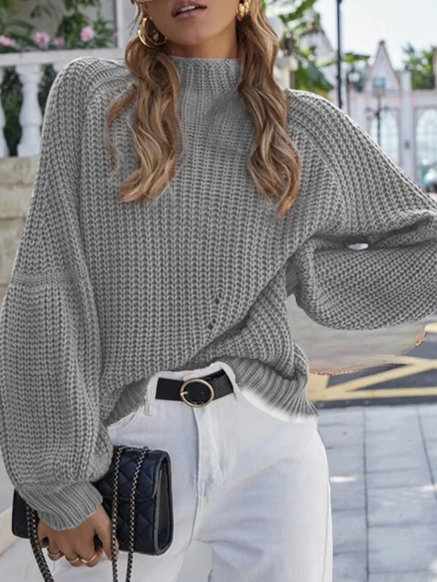 Women Plain Split Joint Winter Street Long Sleeve Mock Neck Sweater