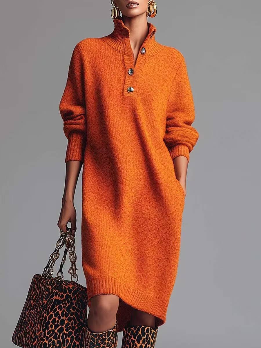 Women Plain Long Sleeve Autumn Dress Turtleneck Daily Casual Midi H-Line Dress