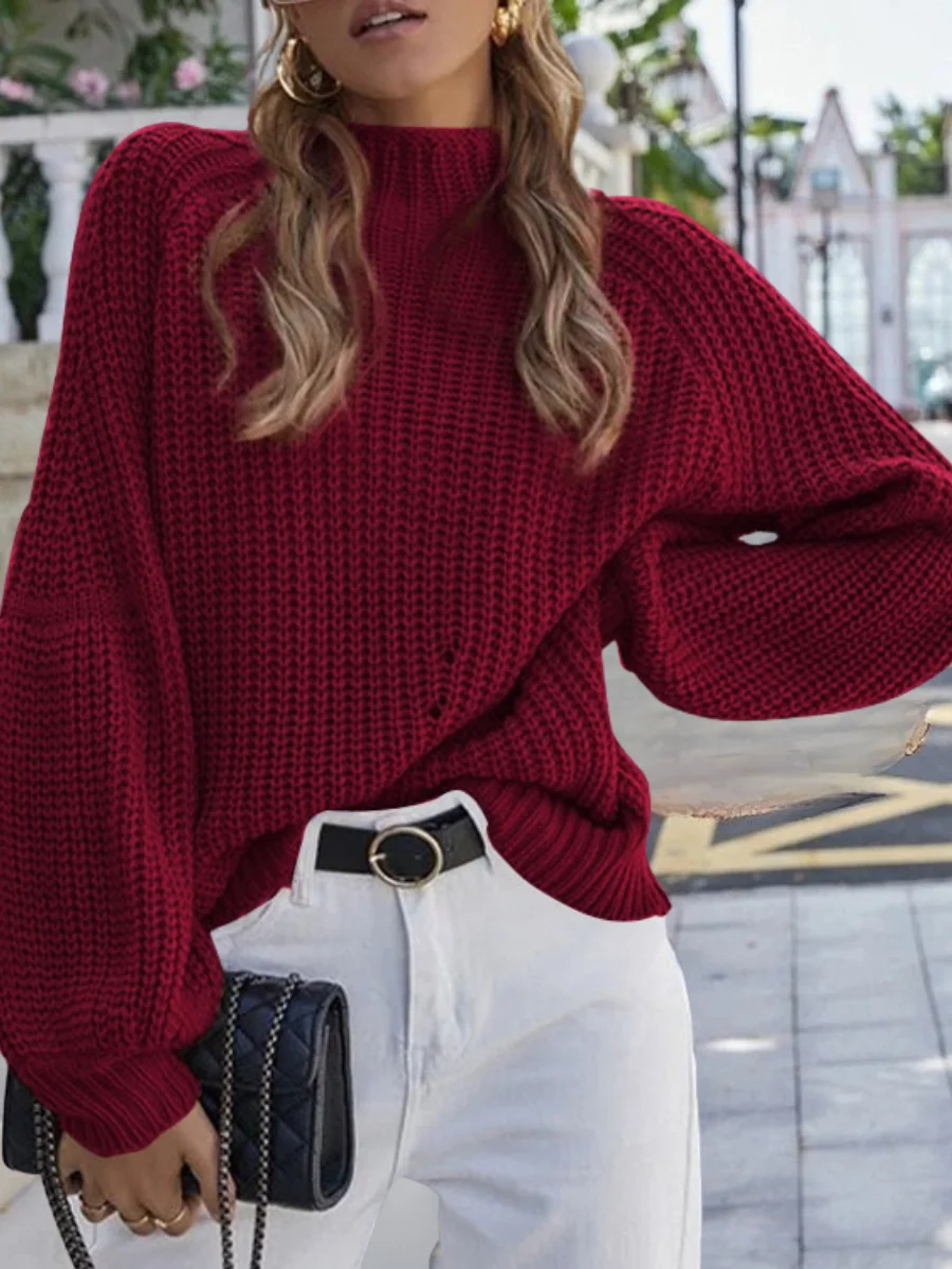 Women Plain Split Joint Winter Street Long Sleeve Mock Neck Sweater