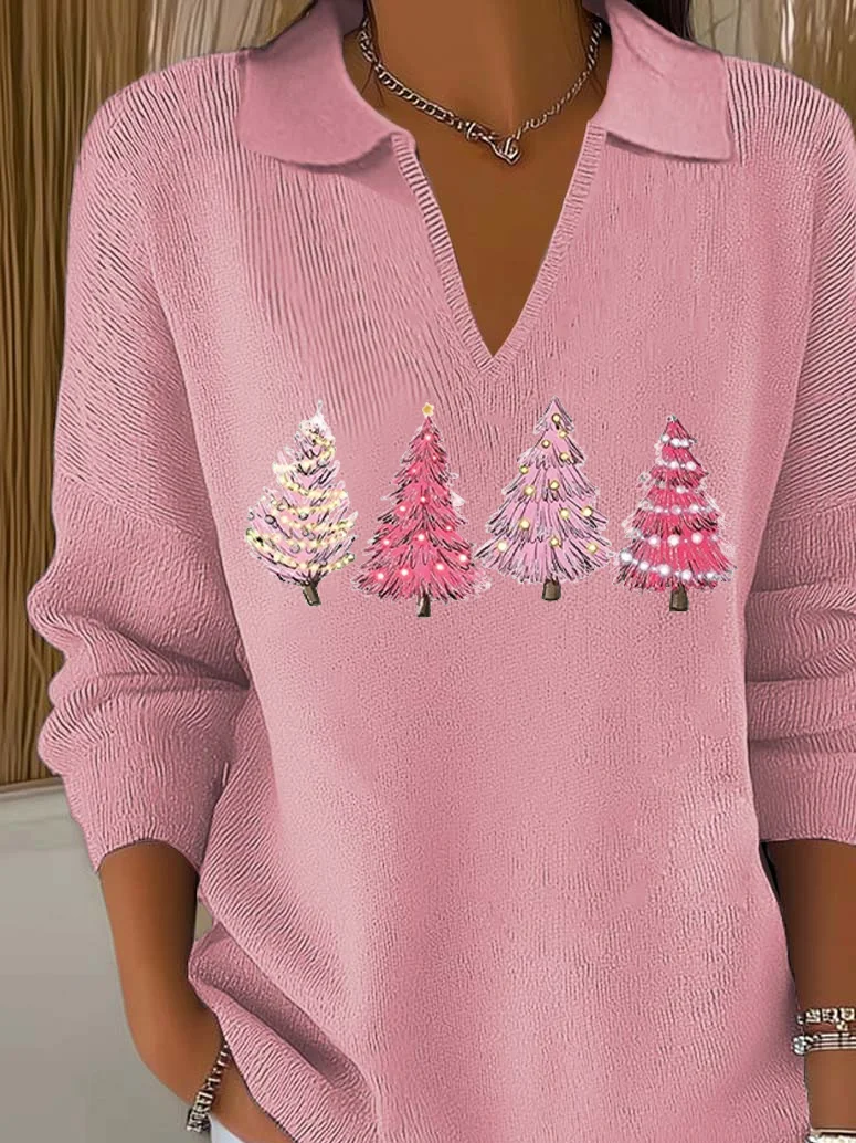 Women Christmas Printing Spring/Fall Casual Long Sleeve Shawl Collar Sweater