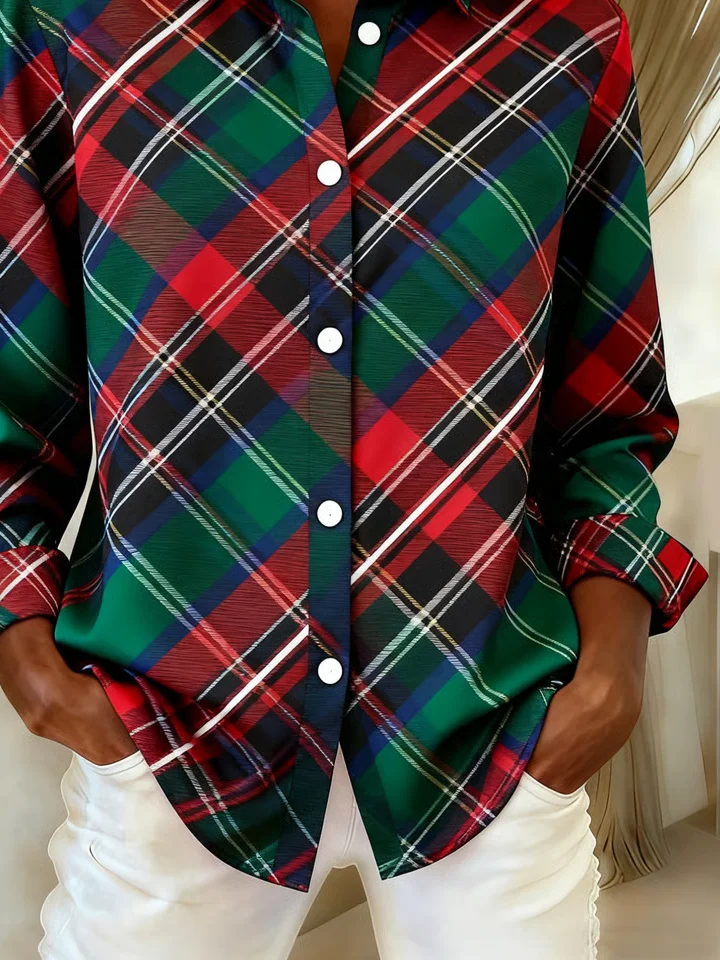 Women Plaid Long Sleeve Shirt Spring/Fall Buckle Shirt Collar Regular Sleeve Daily Casual Top