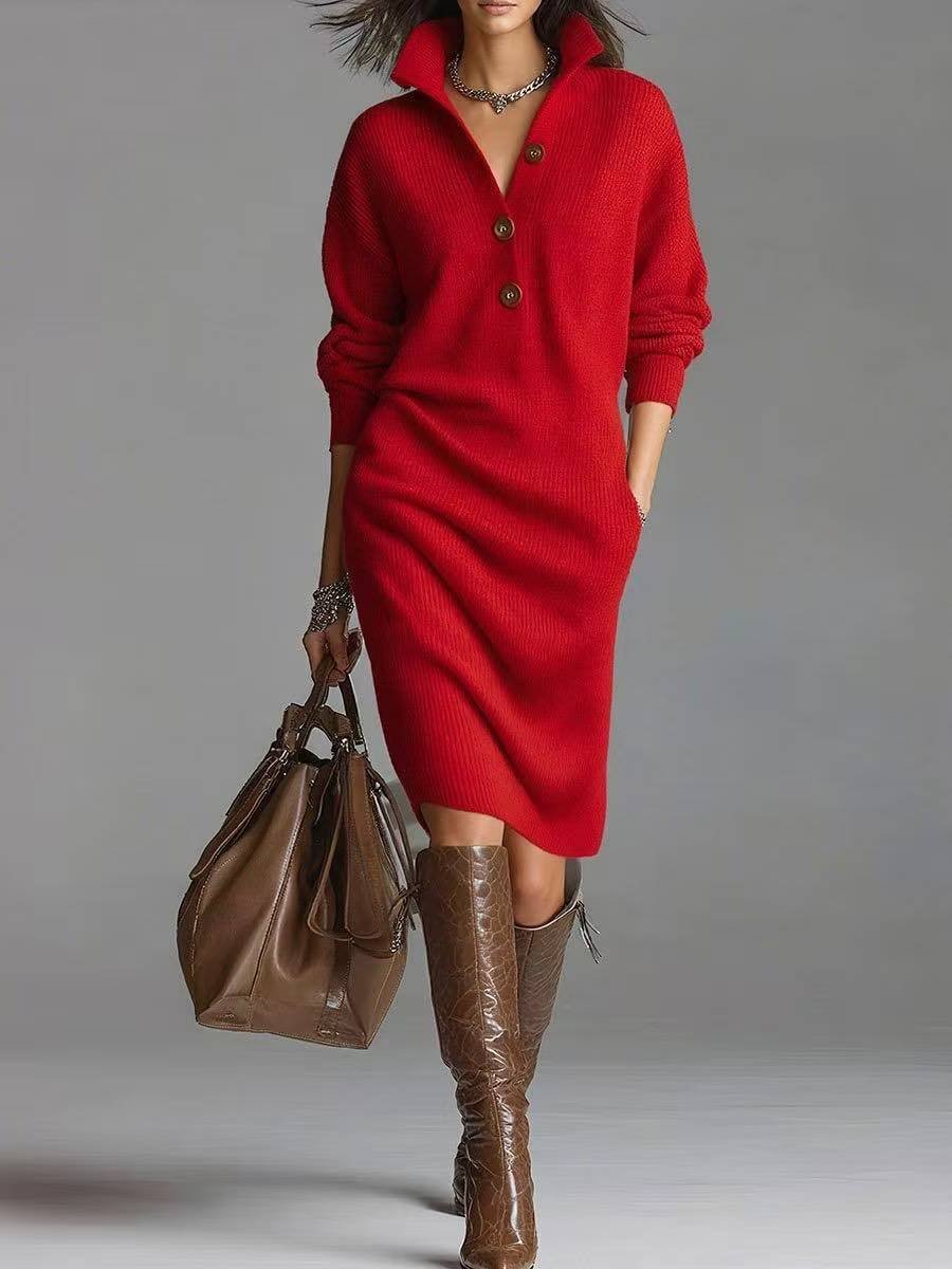 Women Plain Long Sleeve Autumn Dress Turtleneck Daily Casual Midi H-Line Dress