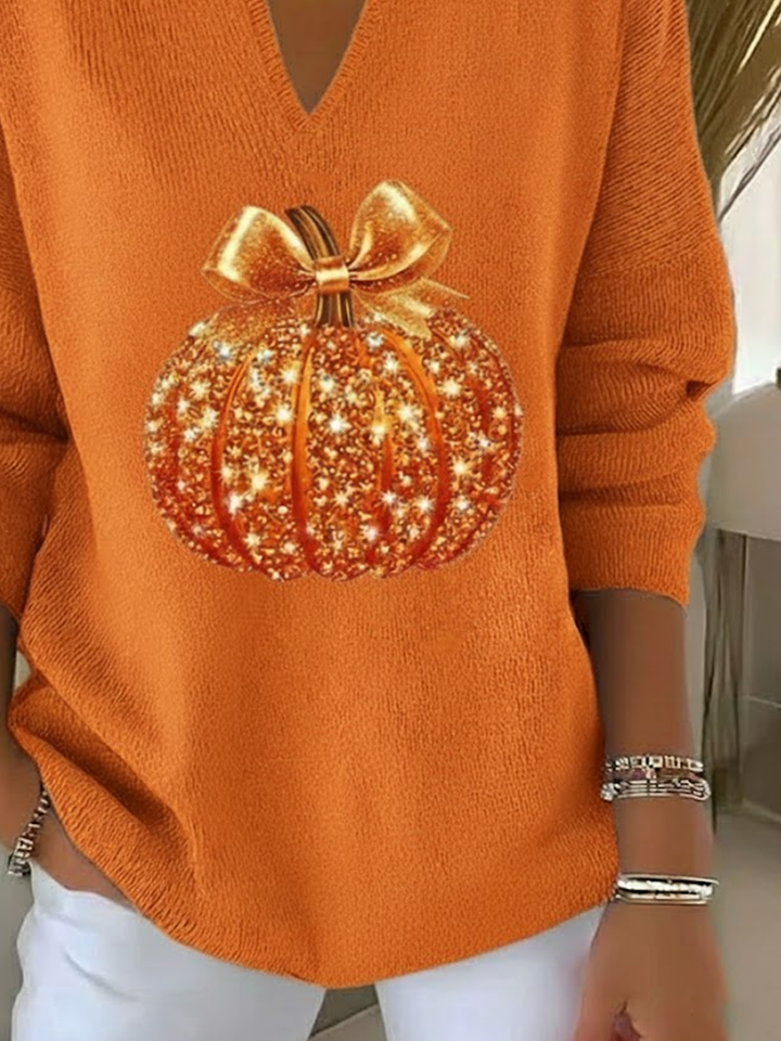 Women Halloween (pumpkin) Printing Spring/Fall Casual Long Sleeve Shawl Collar Sweater