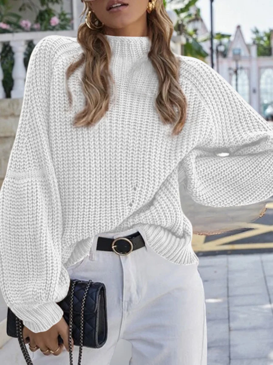 Women Plain Split Joint Winter Street Long Sleeve Mock Neck Sweater