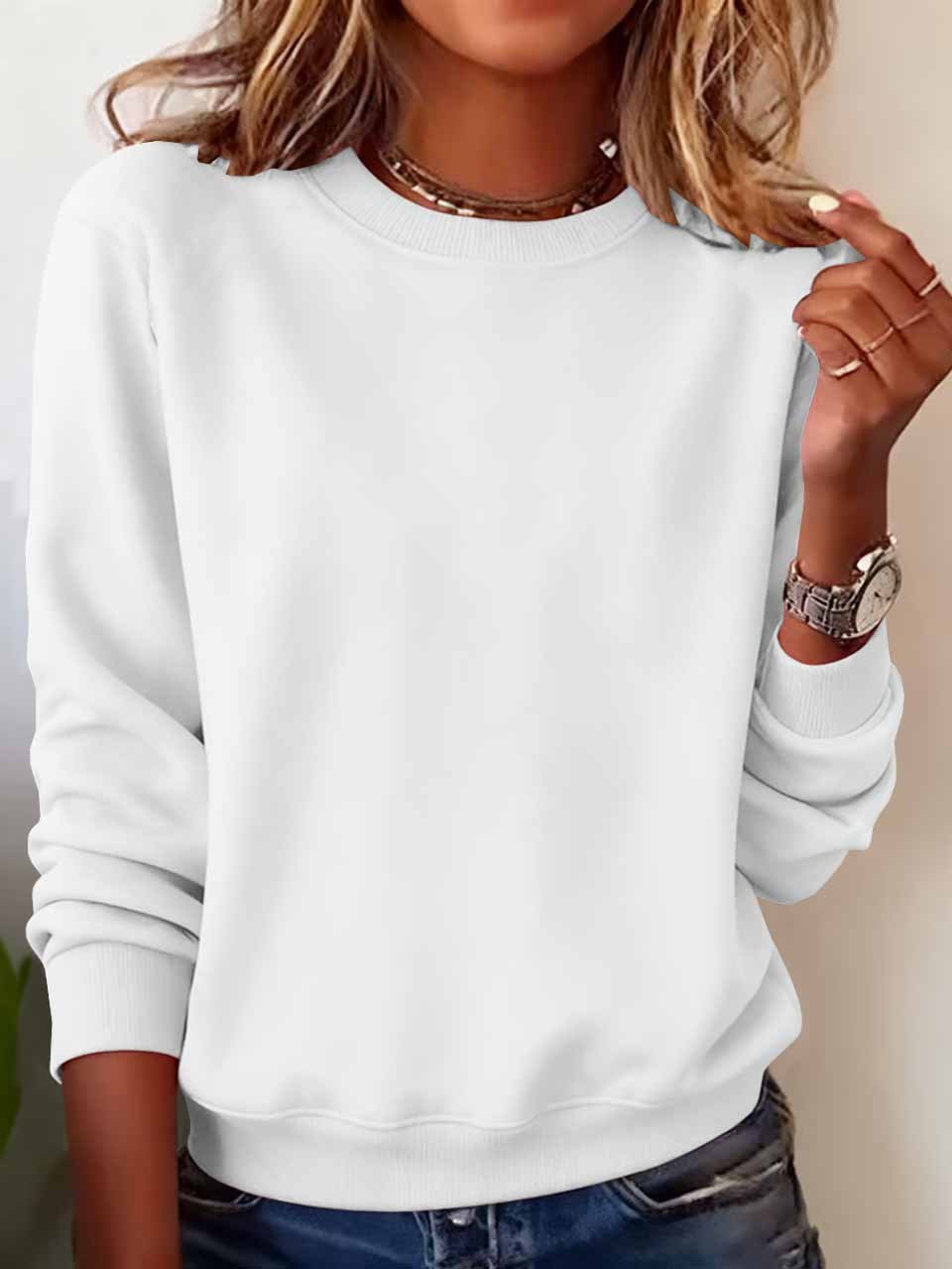 Women Plain Crew Neck Casual Spring/Fall Long Sleeve Sweatshirt