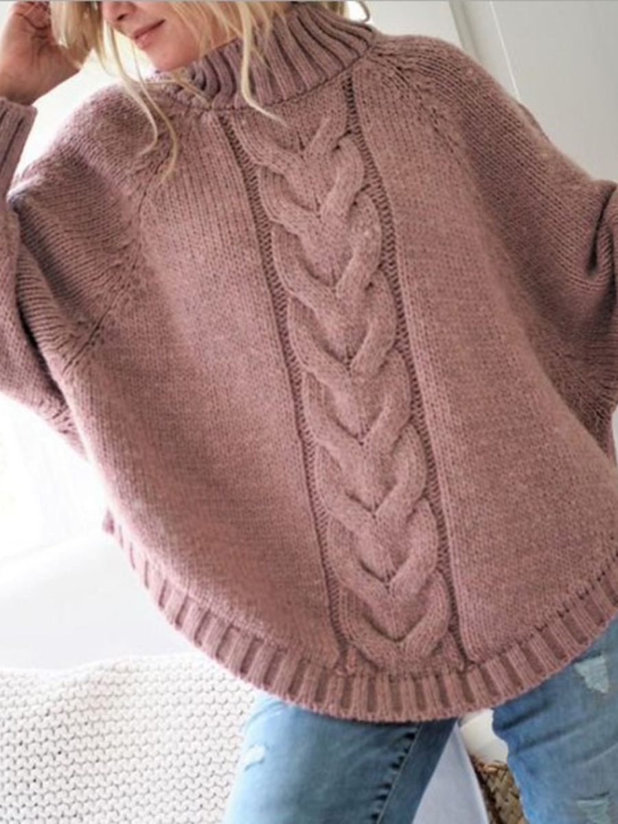 Women Plain Jacquard Winter Street Dolman Sleeve Long Sleeve Mock Neck Sweater