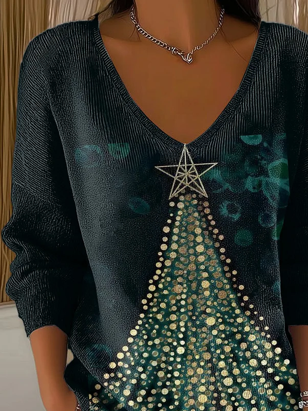Women Christmas Long Sleeve Tee T-shirt V Neck Printing Casual Spring/Fall Top