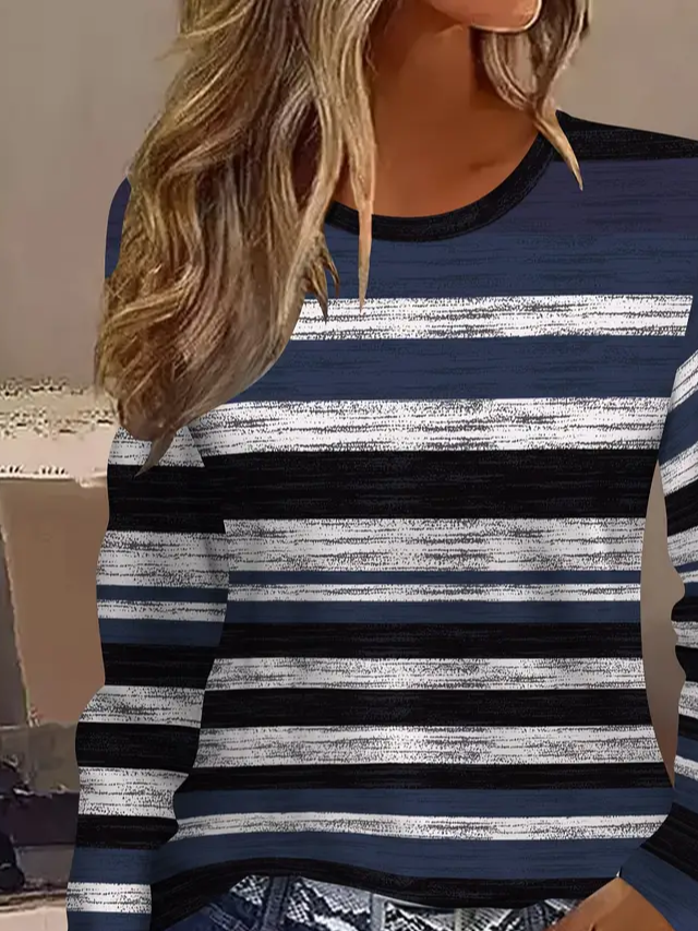 Women Striped Long Sleeve Tee T-shirt Crew Neck Printing Casual Spring/Fall Graphic Tee Top