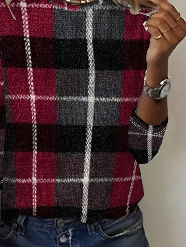 Women Plaid Long Sleeve Tee T-shirt Crew Neck Printing Casual Spring/Fall Graphic Tee Top